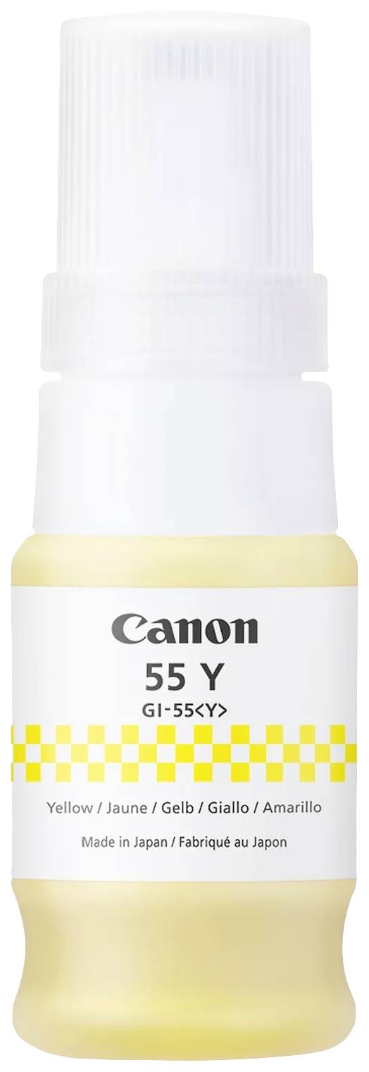 Petit flacon d'encre Canon blanc et jaune portant l'inscription '55 Y, Jaune'. Fabriqué au Japon.