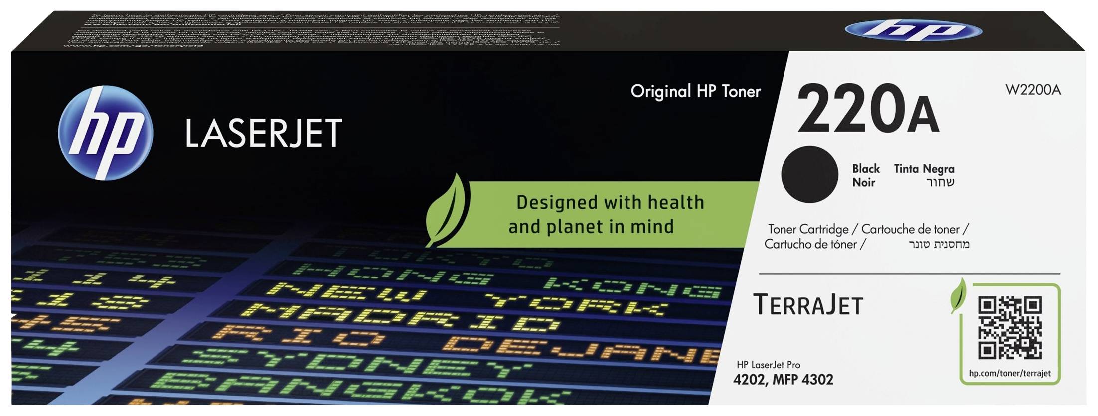 Un emballage pour un toner HP LaserJet 220A, mettant l'accent sur l'éco-responsabilité ('Conçu en pensant à la santé et à la planète').