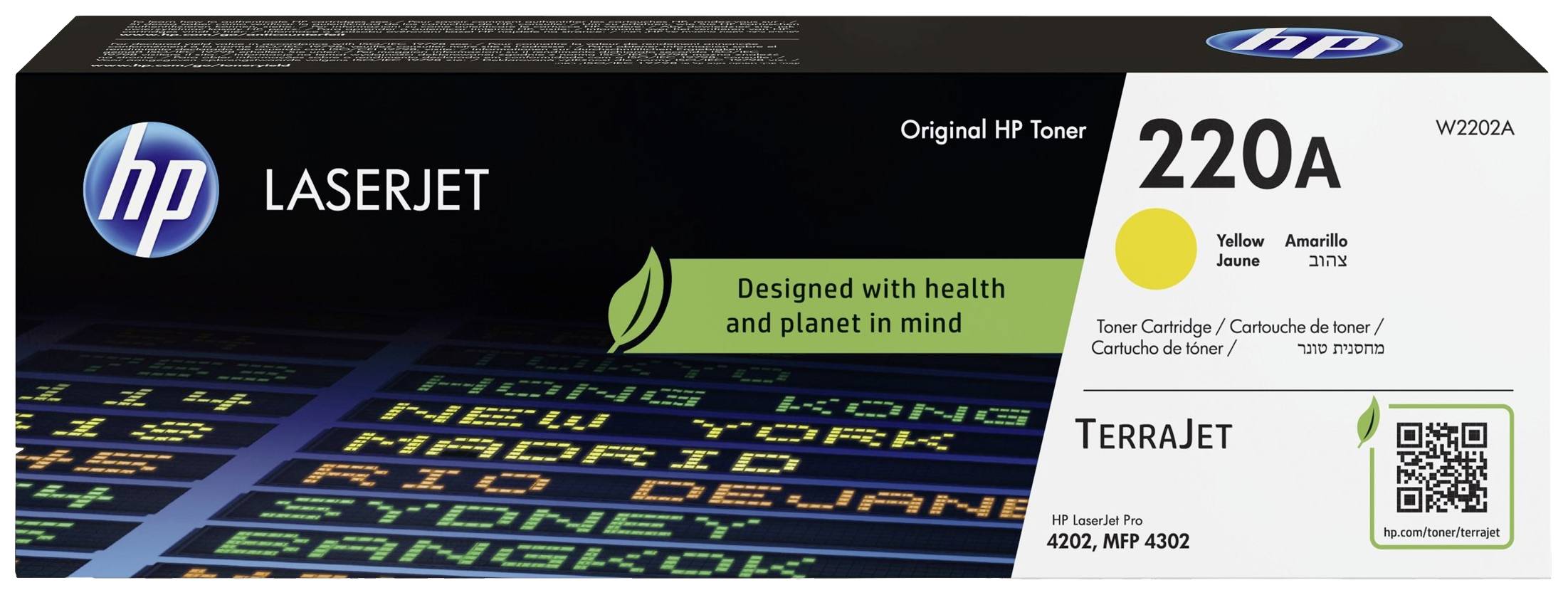 Emballage du toner jaune HP LaserJet 220A. Design axé sur la santé et l'environnement. Contient un code QR et une liste de noms de villes.