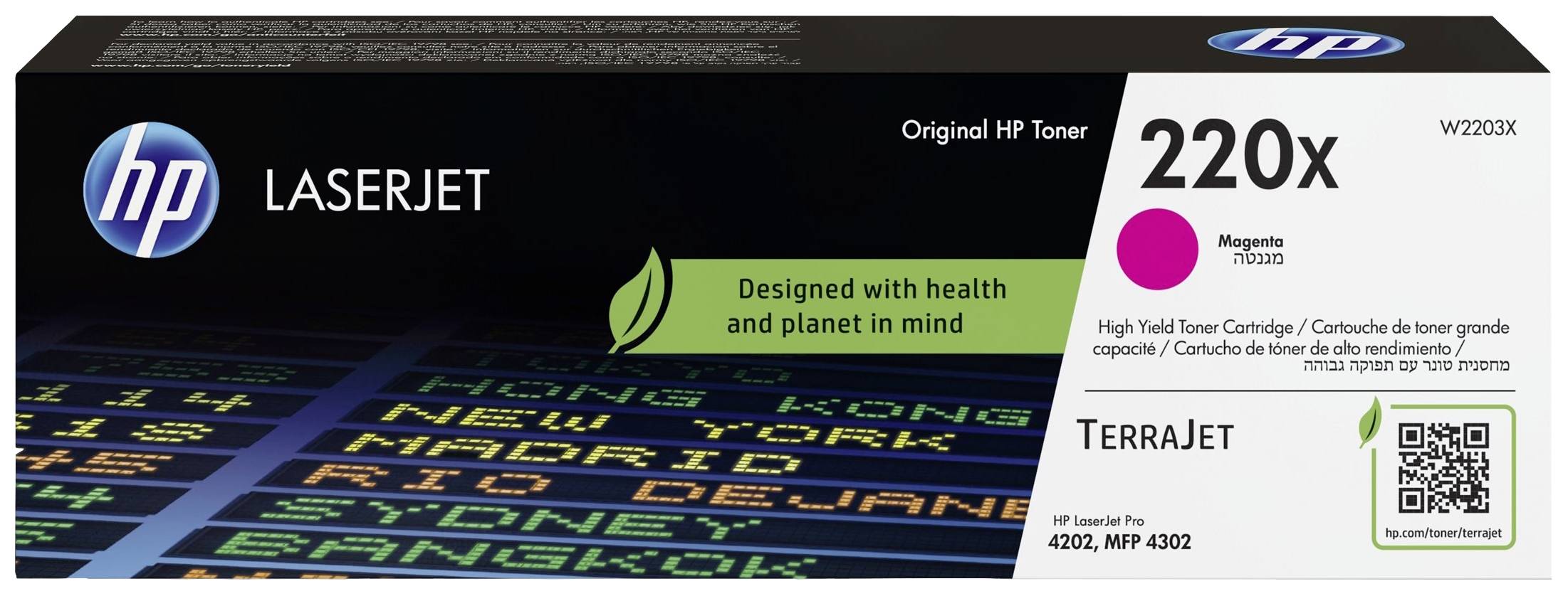 Cartouche de toner HP LaserJet 220X, Magenta. Texte blanc sur fond noir. Mention de sensibilité environnementale.