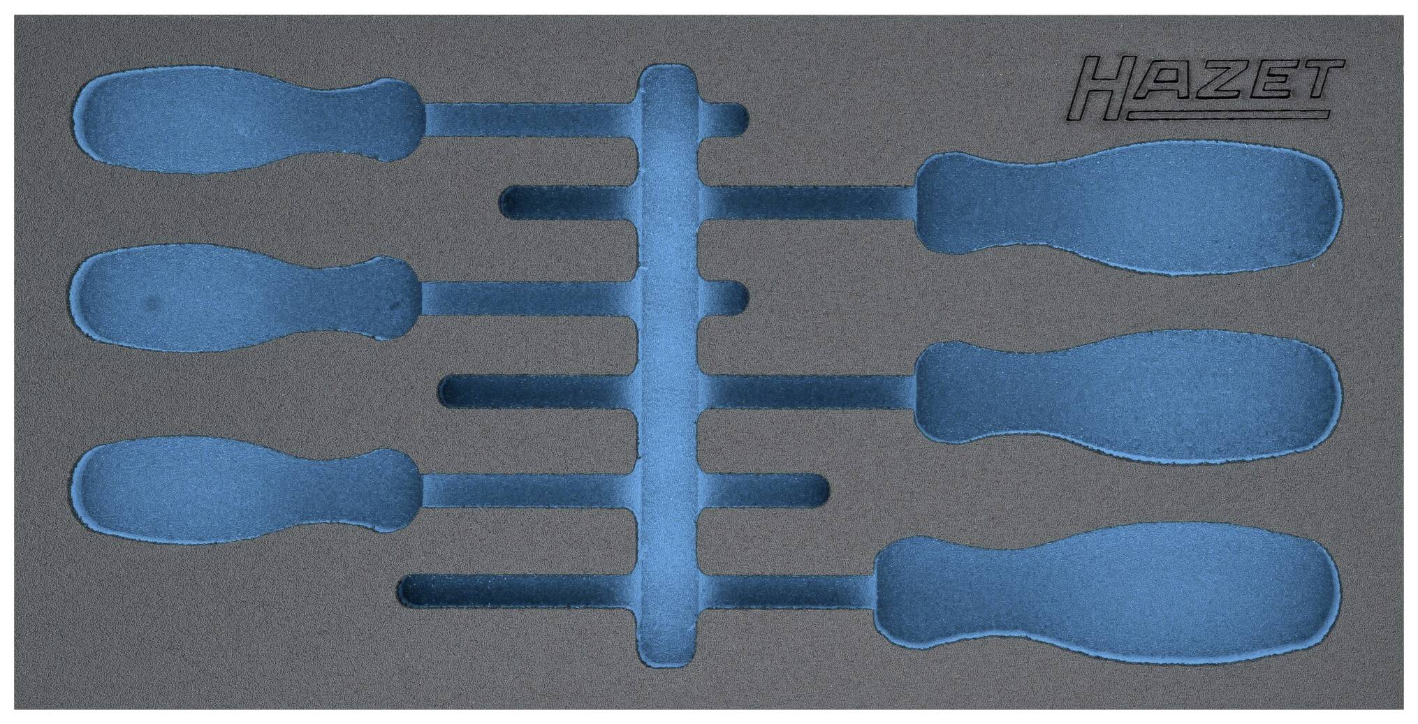 Un insert en plastique avec six emplacements pour tournevis. Le mot 'Hazet' est estampé en haut à droite.