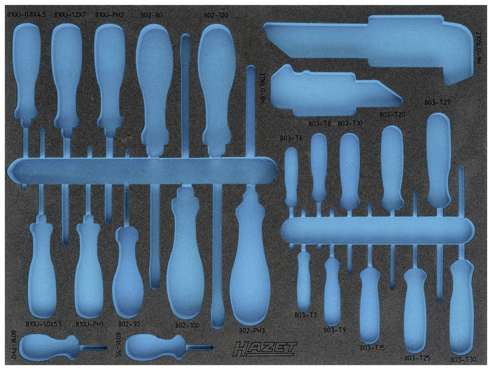 Insert de forme avec des découpes pour différents tournevis et outils, bleu sur fond noir.