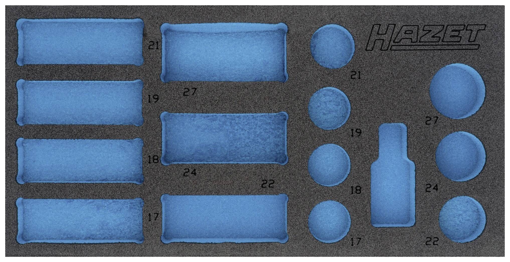 Insertion en mousse avec différents compartiments bleus de formes et de tailles variées pour le rangement des outils, portant le logo 'Hazet'.