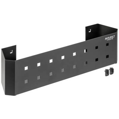 Étagère porte-outils noire avec découpes carrées et deux clips de fixation, adaptée à un montage mural.
