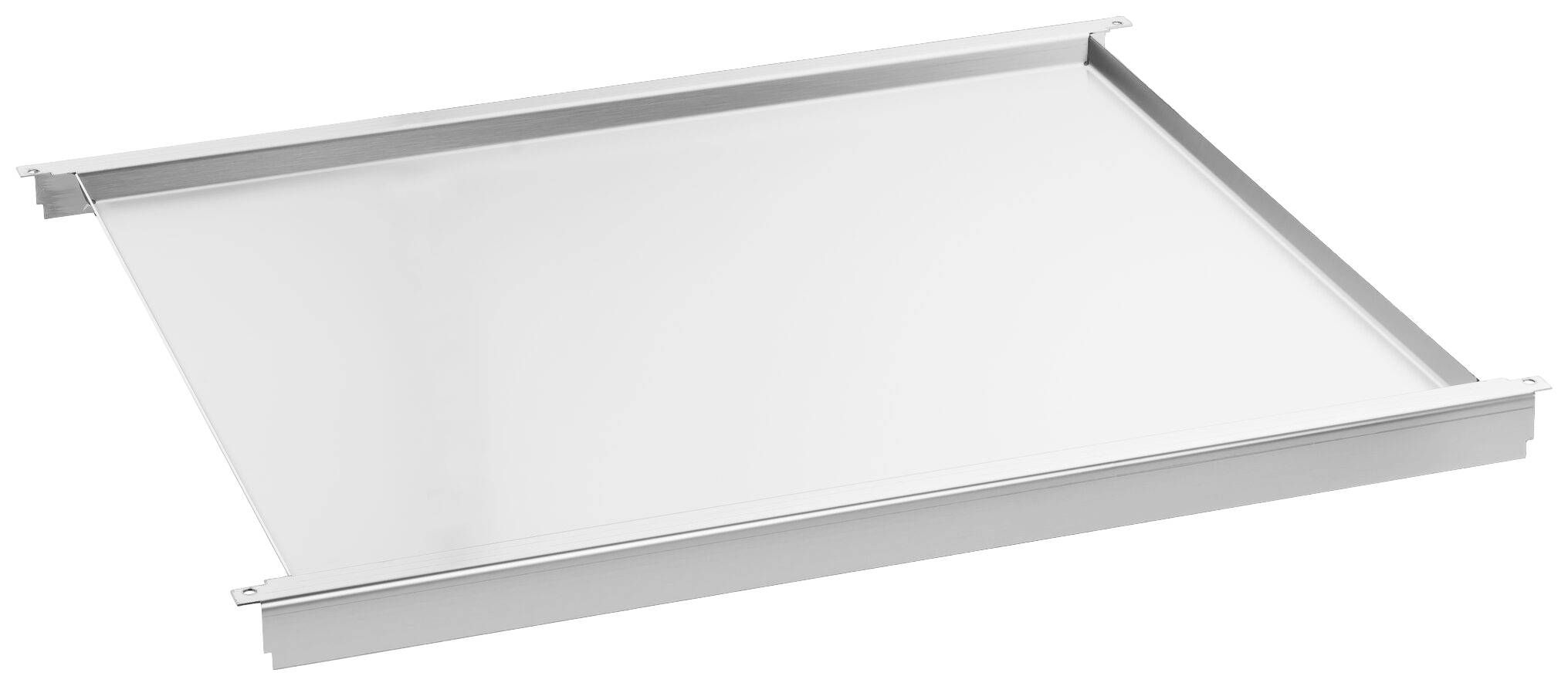 Plateau métallique à rebords surélevés, rectangulaire, de couleur argent. Utilisé pour le rangement sécurisé de documents ou d'autres objets plats.