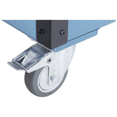 Rôle d'une roue bleue de chariot avec frein, assurant mobilité et stabilité.