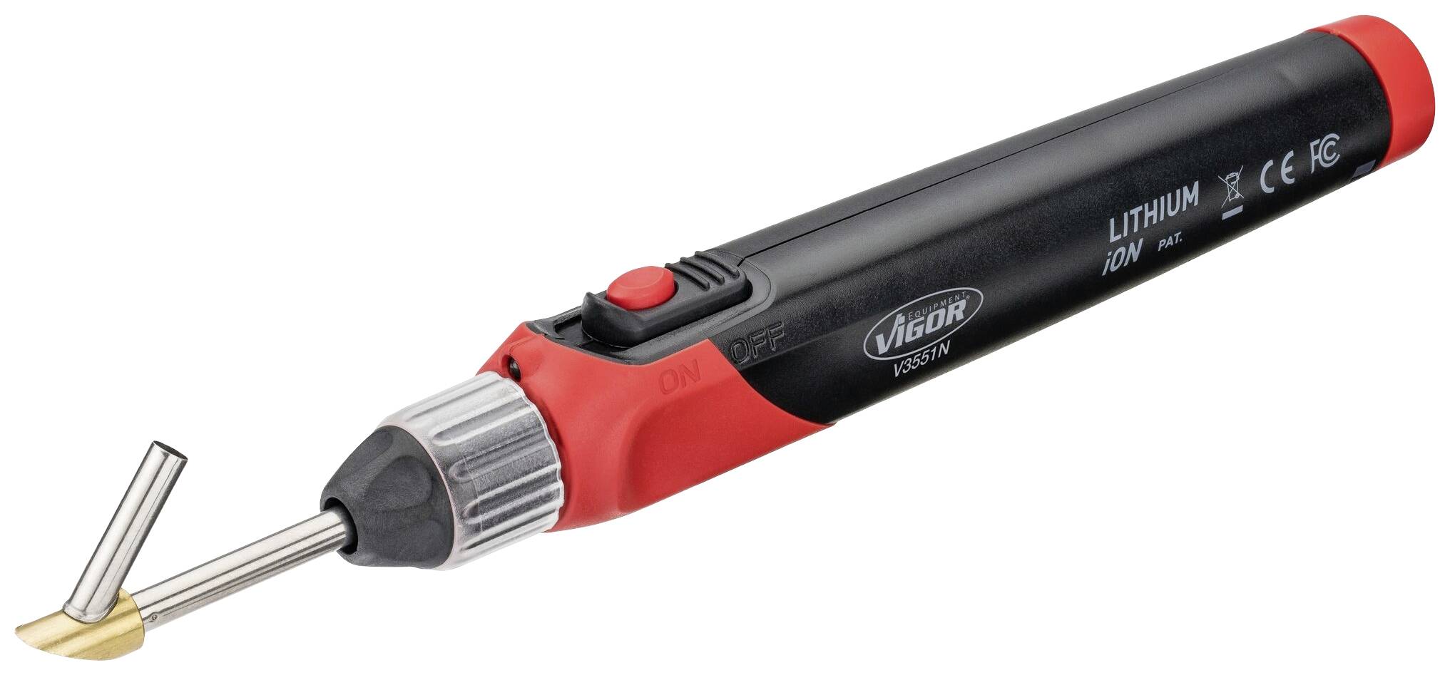 Un petit fer à souder portable avec une poignée rouge et une batterie lithium-ion. Adapté pour des travaux de soudure précis sur des composants électroniques.