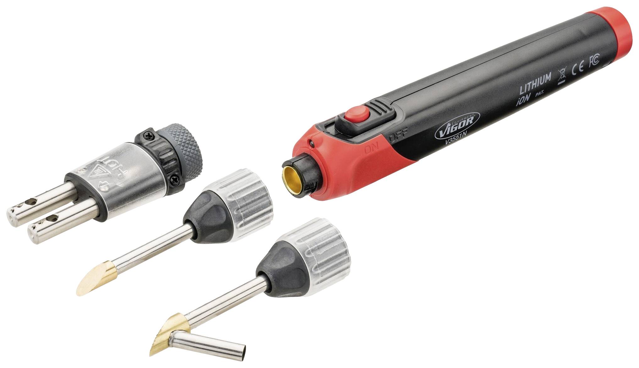 Un appareil de soudage portable au gaz avec un boîtier rouge et noir, présenté avec trois embouts interchangeables pour des applications polyvalentes.