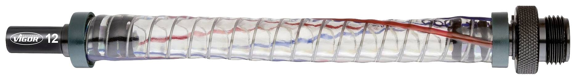 Tube transparent avec des spirales rouge et bleu, relié par deux connecteurs noirs aux extrémités, sans fonction apparente.