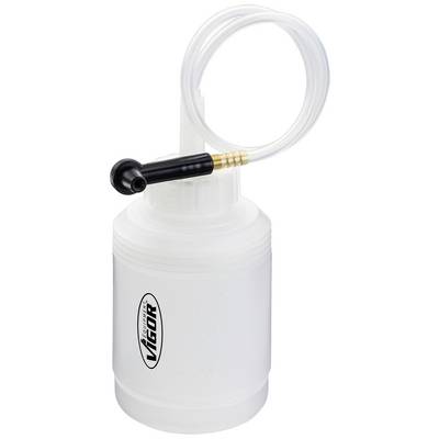 Bouteille en plastique transparent avec un tube attaché et un embout noir. Marquage indiquant 'Vigor' sur le côté. Adaptée à l'aspiration de liquides.