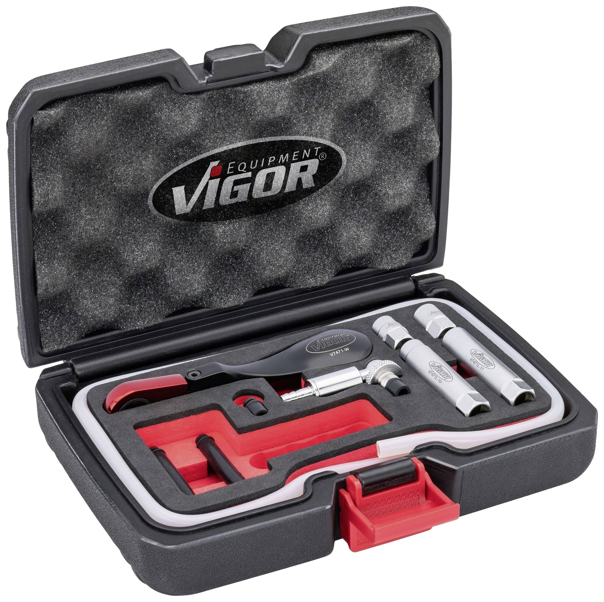 Ensemble d'outils dans une mallette noire avec doublure en mousse, logo 'VIGOR', deux douilles, levier, intérieur doublé de rouge.