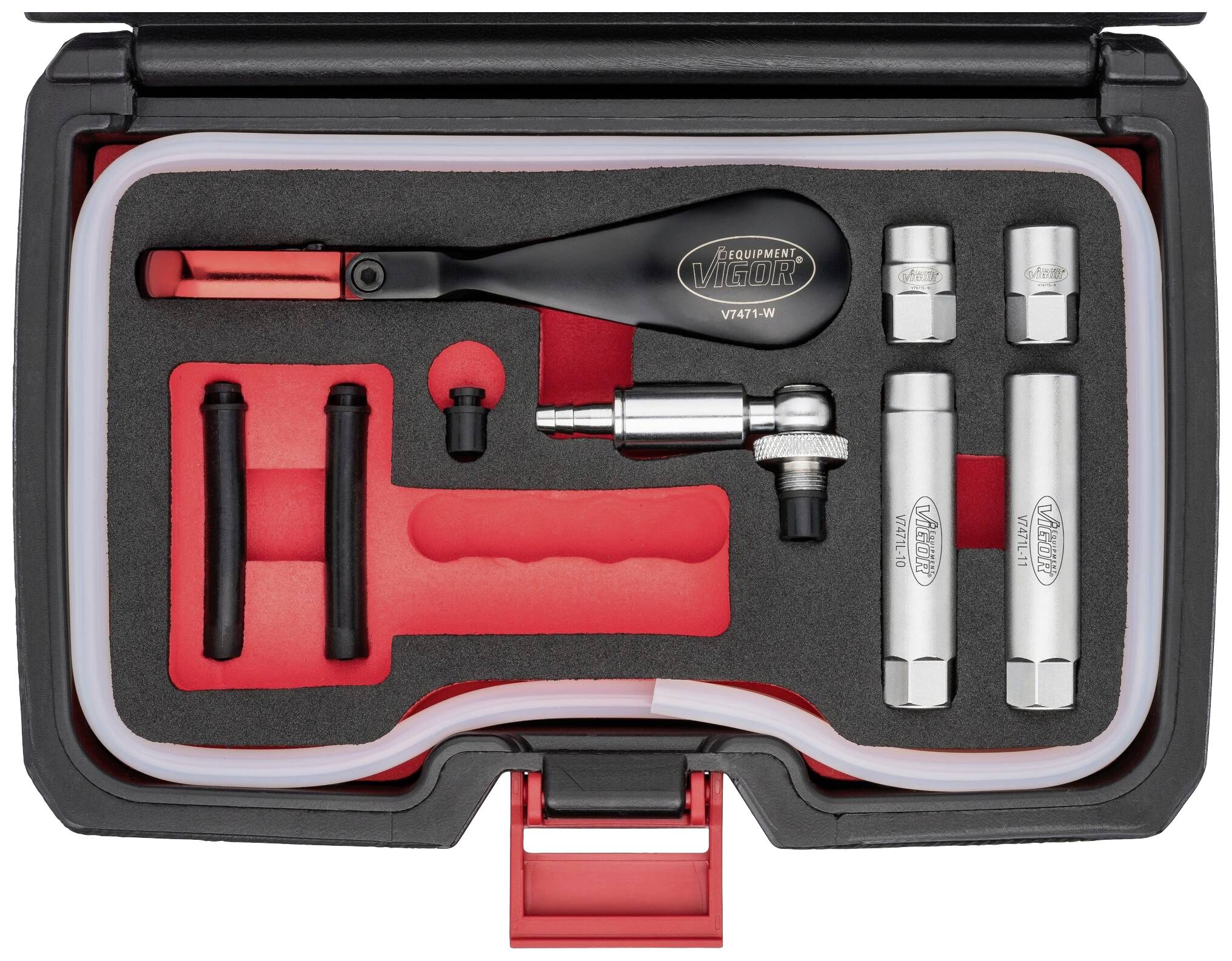 Boîte à outils avec cliquet, différentes douilles et adaptateurs. Tous les éléments soigneusement rangés dans un insert en mousse sur mesure.