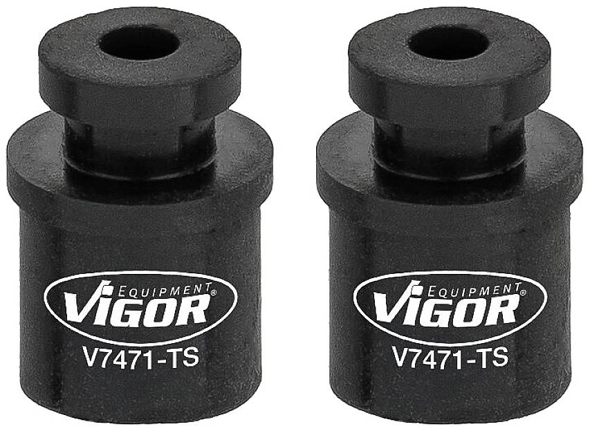 Deux outils noirs de la marque Vigor portant l'inscription 'Equipment Vigor V7471-TS'. Ils ont des formes cylindriques avec un bord supérieur plus large.