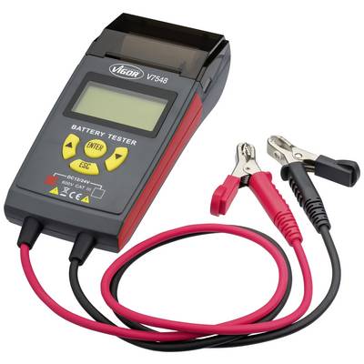 Testeur de batterie avec affichage numérique et deux câbles munis de pinces crocodiles, un rouge et un noir, pour batteries de véhicules automobiles.