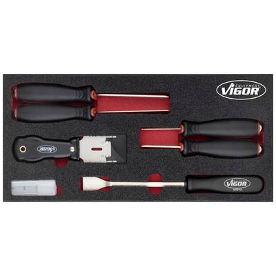 Un ensemble d'outils avec support en mousse, comprenant deux supports de lames, un grattoir, une rallonge et un récipient de lames de rechange.