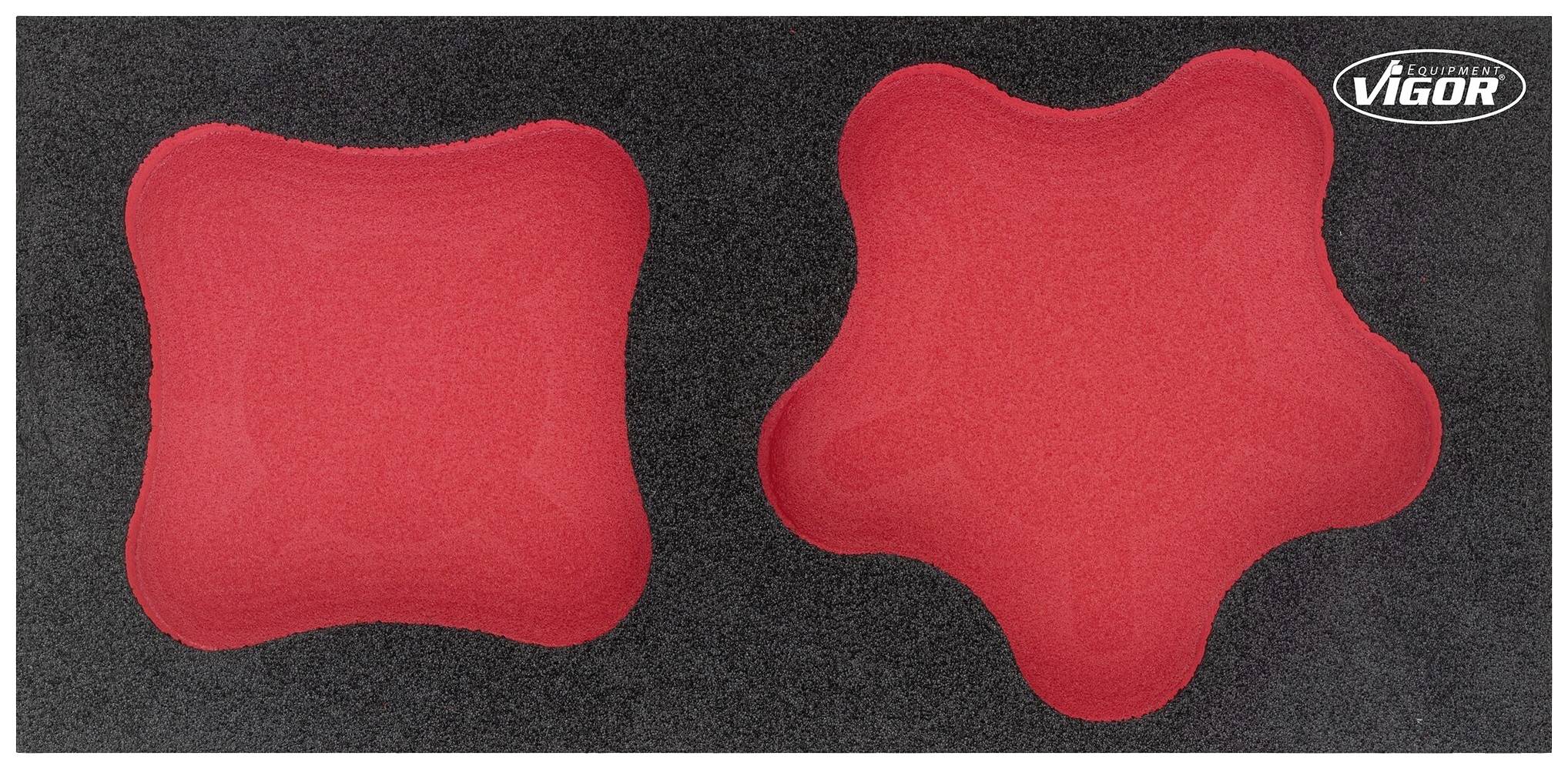 Deux coussins rouges en forme d'étoile sur un fond noir. Celui de gauche a une forme plus carrée, tandis que celui de droite présente cinq pointes arrondies.