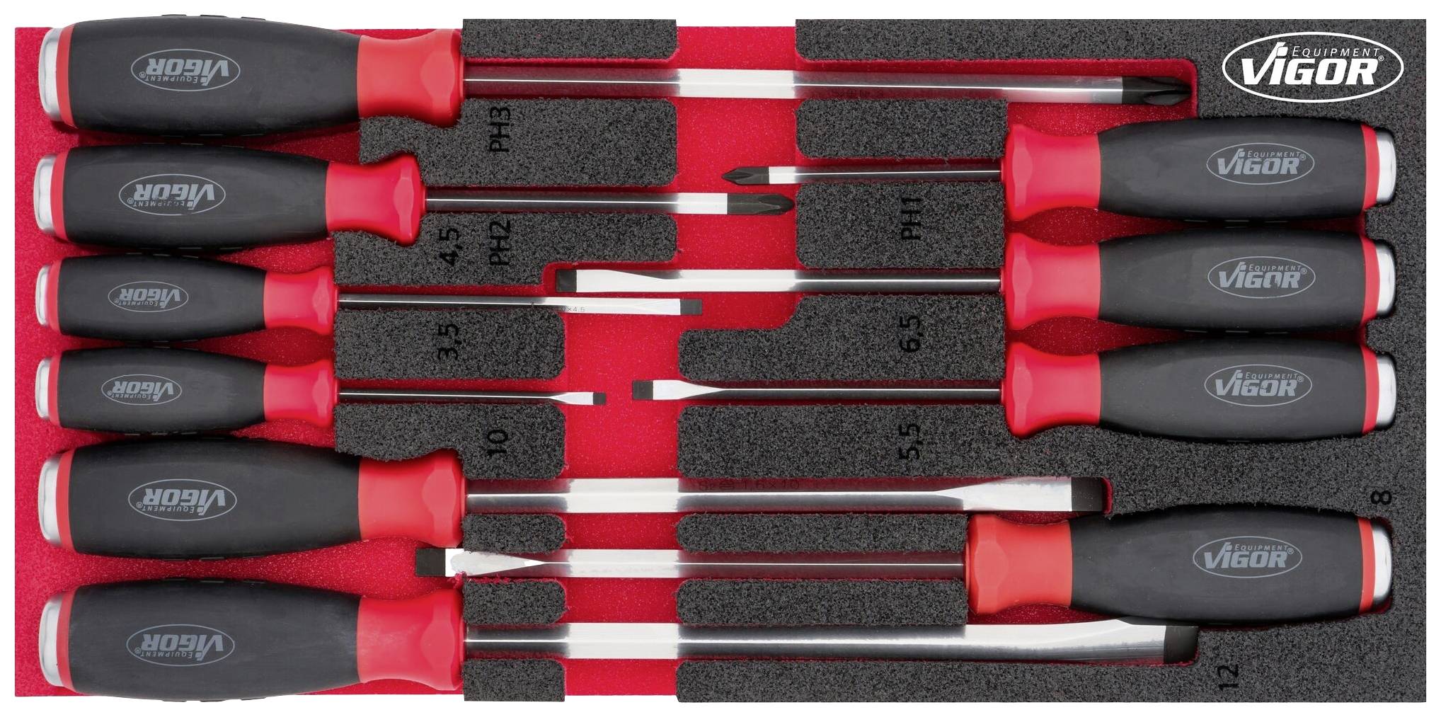 Tournevis dans un organiseur en mousse avec un fond rouge, de différentes tailles et types, marqués 'Vigor'.