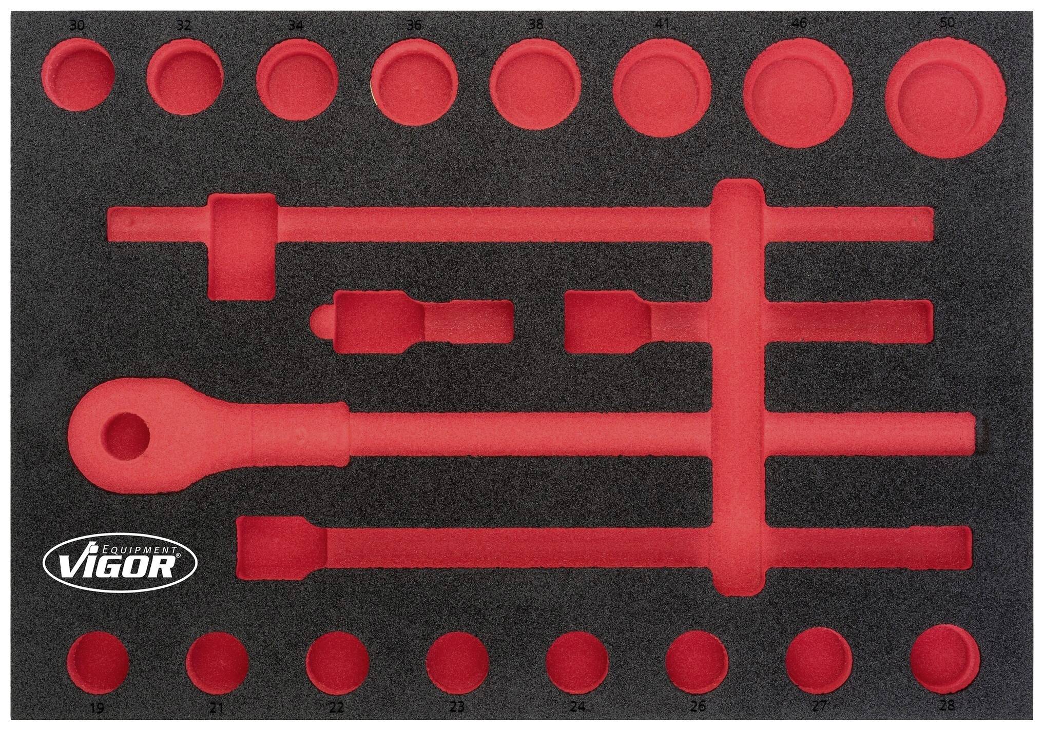 Garniture en mousse avec des découpes rouges pour les outils ; différentes formes circulaires et oblongues sont visibles.