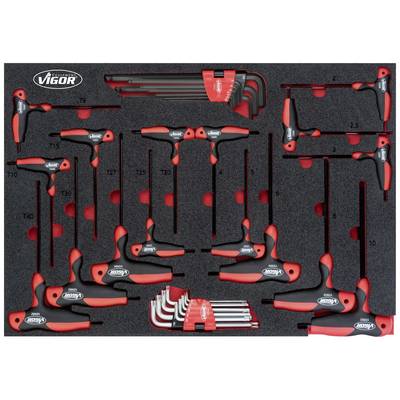 Ensemble de clés Allen en forme de T et L de Vigor, triées dans un support en mousse avec des poignées rouges pour différentes tailles de vis.