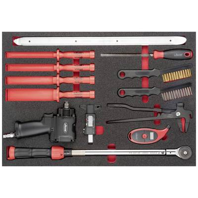 Coffret à outils : tournevis isolés, pinces, clés à cliquet, clé dynamométrique, outil pneumatique, pied à coulisse, limes, brosses.