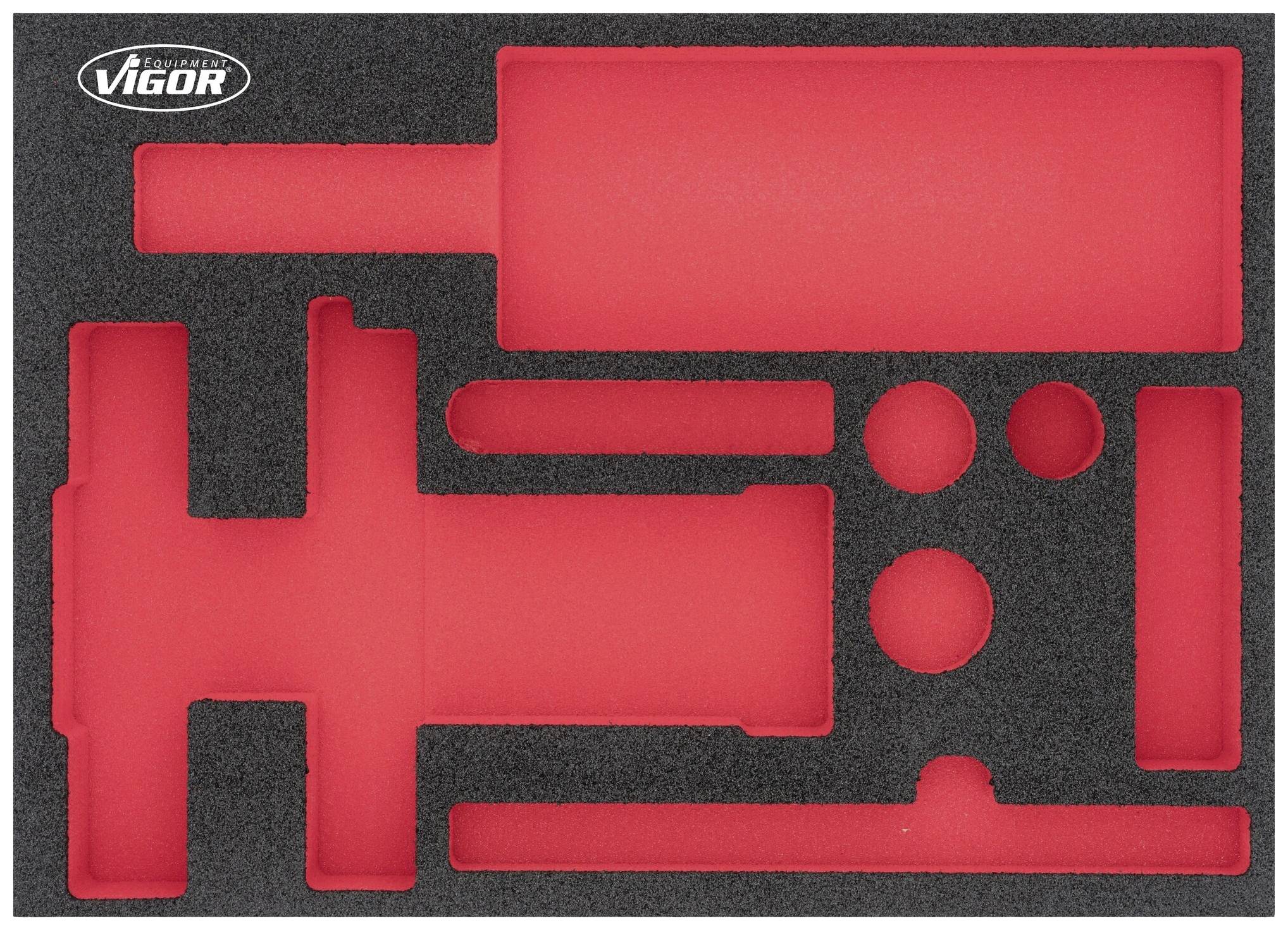 Un insert en mousse avec différents évidements, adapté à des outils spécifiques. En haut à gauche se trouve le logo 'Vigor'.