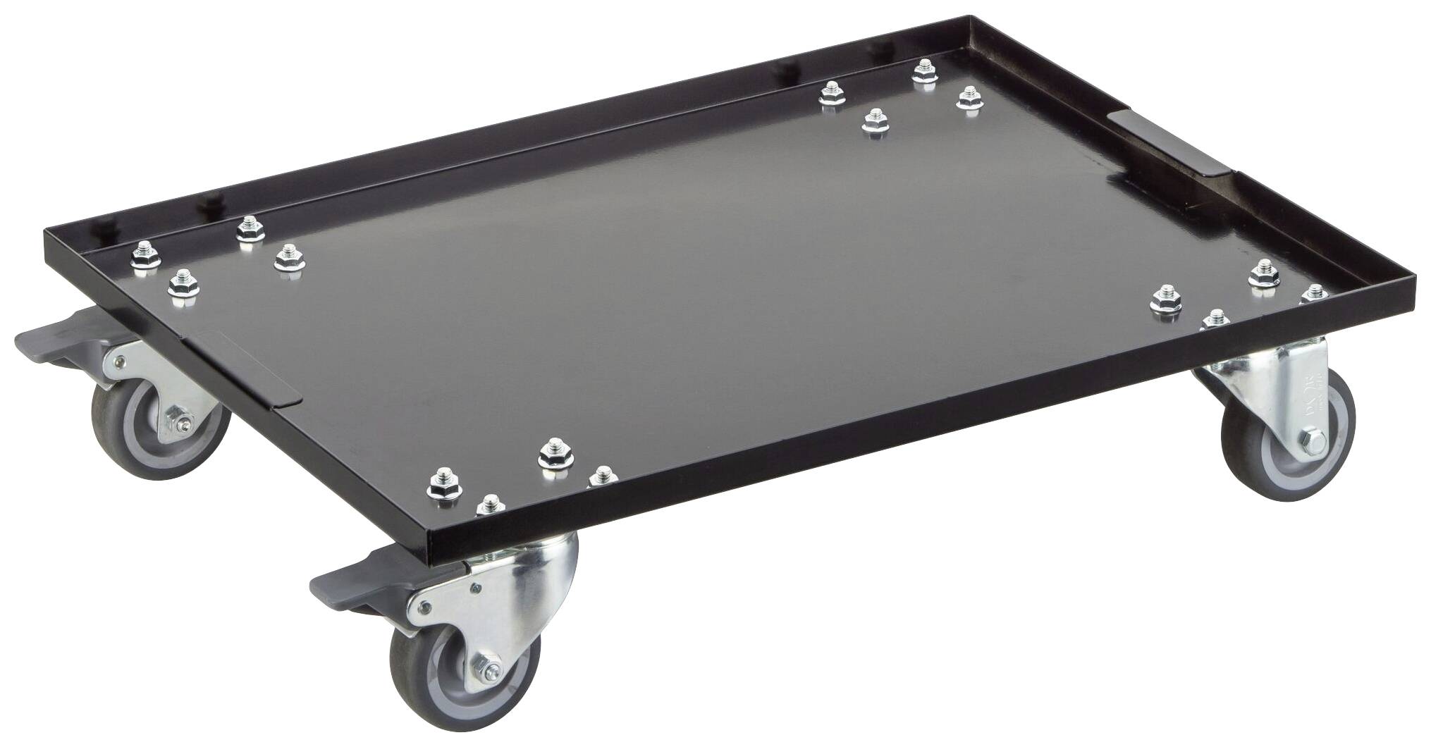Chariot roulant noir plat en métal avec quatre roulettes pivotantes, adapté pour déplacer des objets lourds.