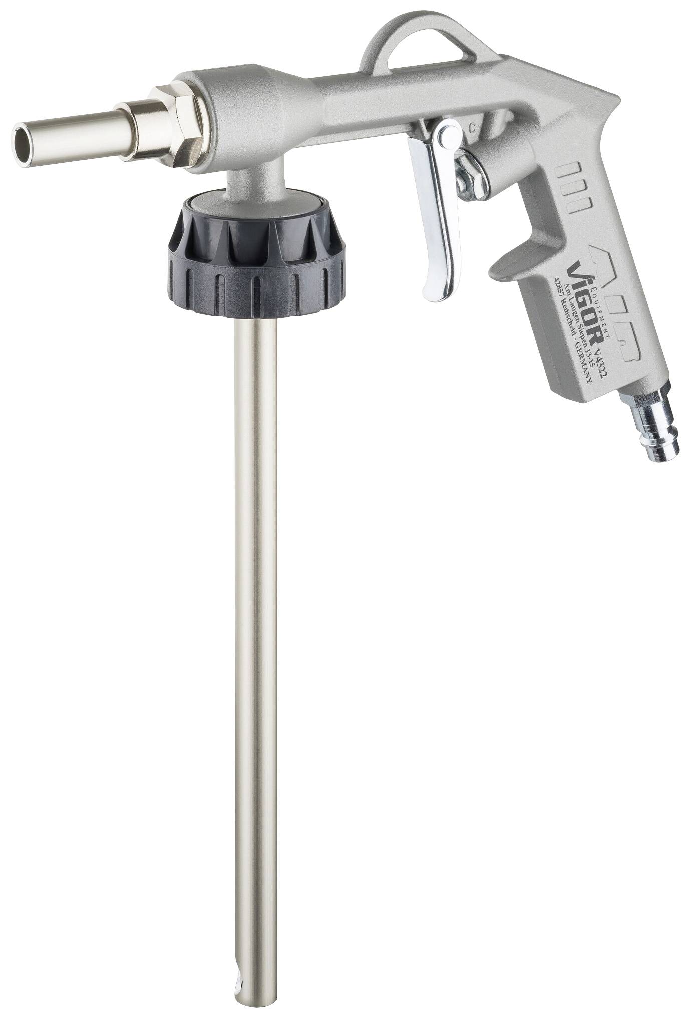 Pistolet à air comprimé avec long tuyau, utilisé pour nettoyer des endroits difficiles d'accès ; gris, en métal et en plastique.
