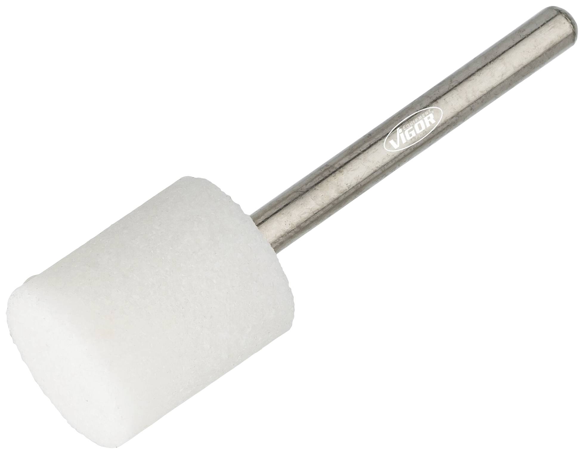 Un embout de polissage cylindrique avec une surface en feutre blanc et un manche en métal argenté. Marquage 'Vigor' sur le manche.