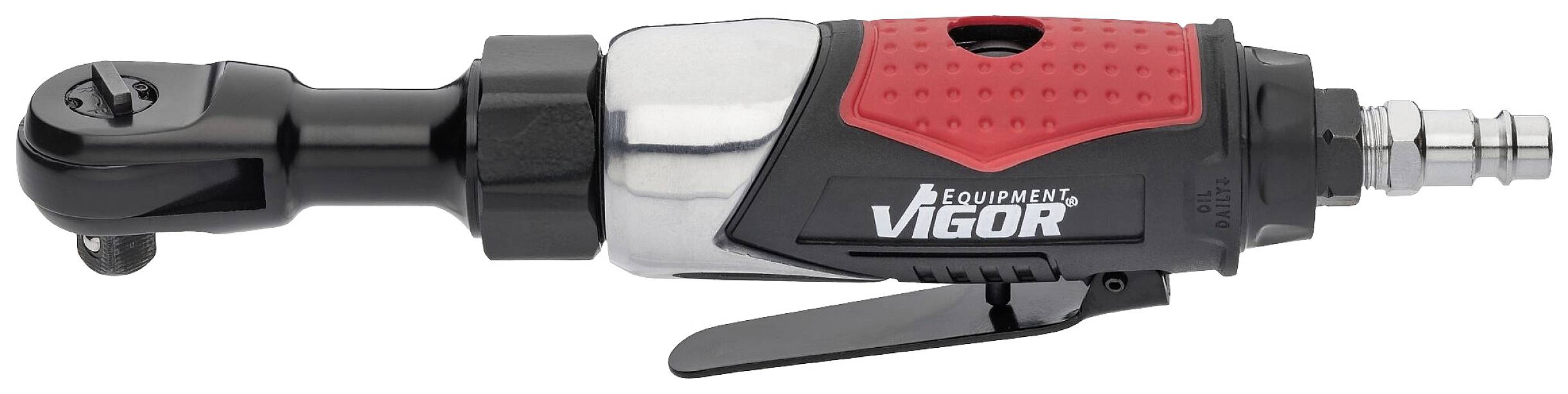 Clé à cliquet pneumatique avec poignée rouge, corps en métal et tête noire. Marque 'Vigor' visible sur le boîtier.