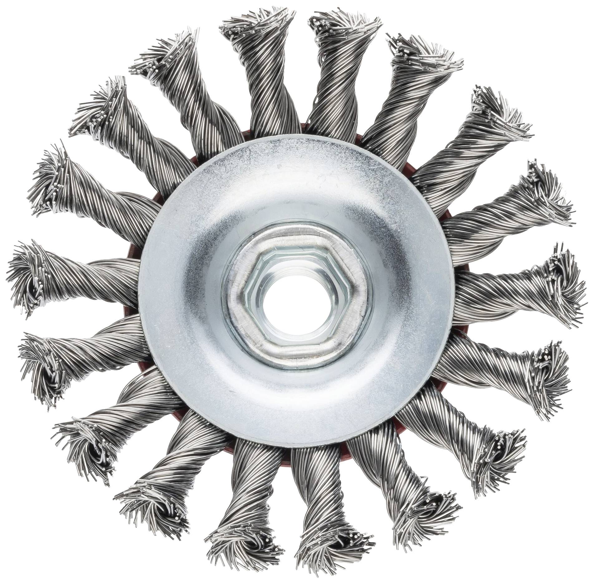 Brosse circulaire en fil d'acier torsadé avec seize faisceaux disposés de manière décalée, adaptée au nettoyage des surfaces métalliques.