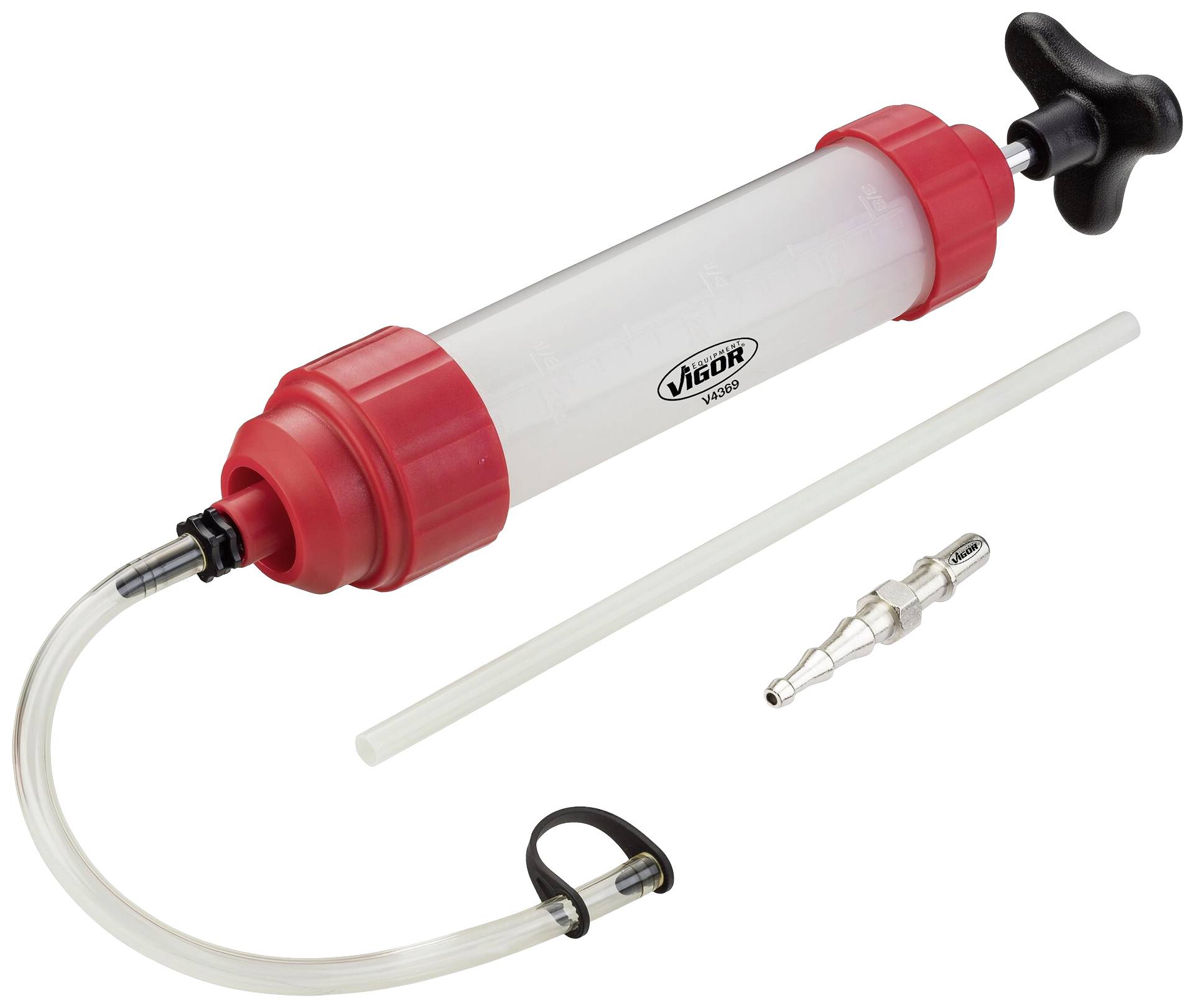 Pompe manuelle avec un cylindre transparent, des bouchons d'extrémité rouges, une poignée noire, un tuyau flexible et un raccord métallique.