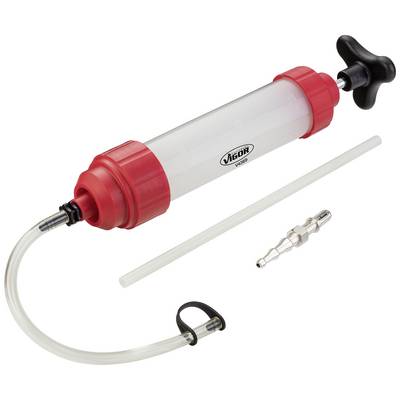 Pompe manuelle avec un cylindre transparent, des bouchons d'extrémité rouges, une poignée noire, un tuyau flexible et un raccord métallique.