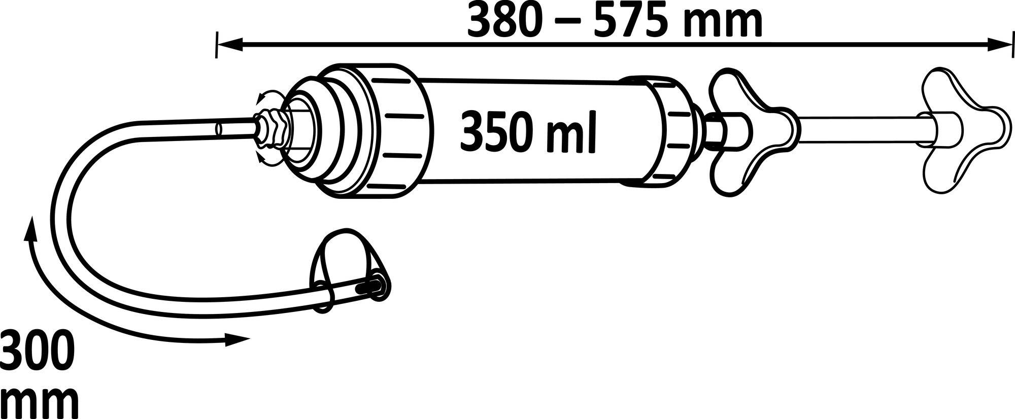 Système de pulvérisation : Volume 350 ml, longueur réglable de 380 à 575 mm, hauteur 300 mm.