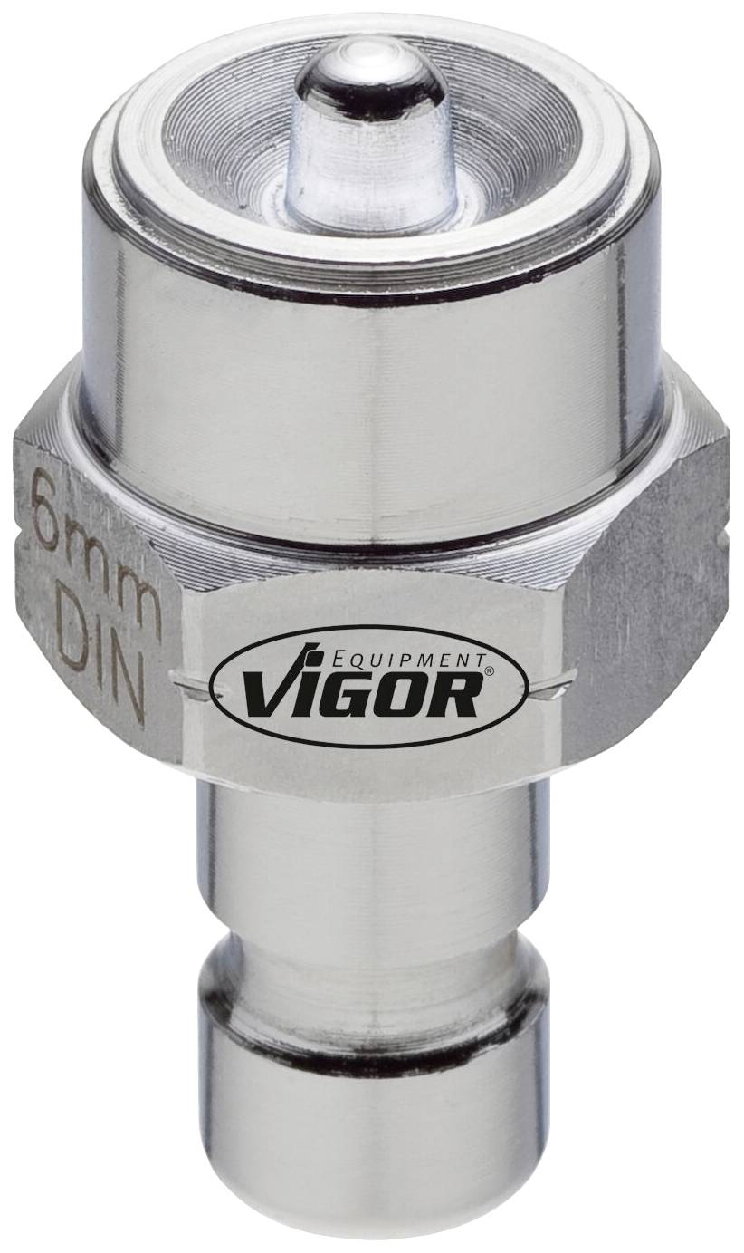 Valve hexagonale en argent avec inscription 'Vigor', norme DIN, 6 mm. Utilisée pour des applications liquides ou gazeuses dans des systèmes mécaniques.