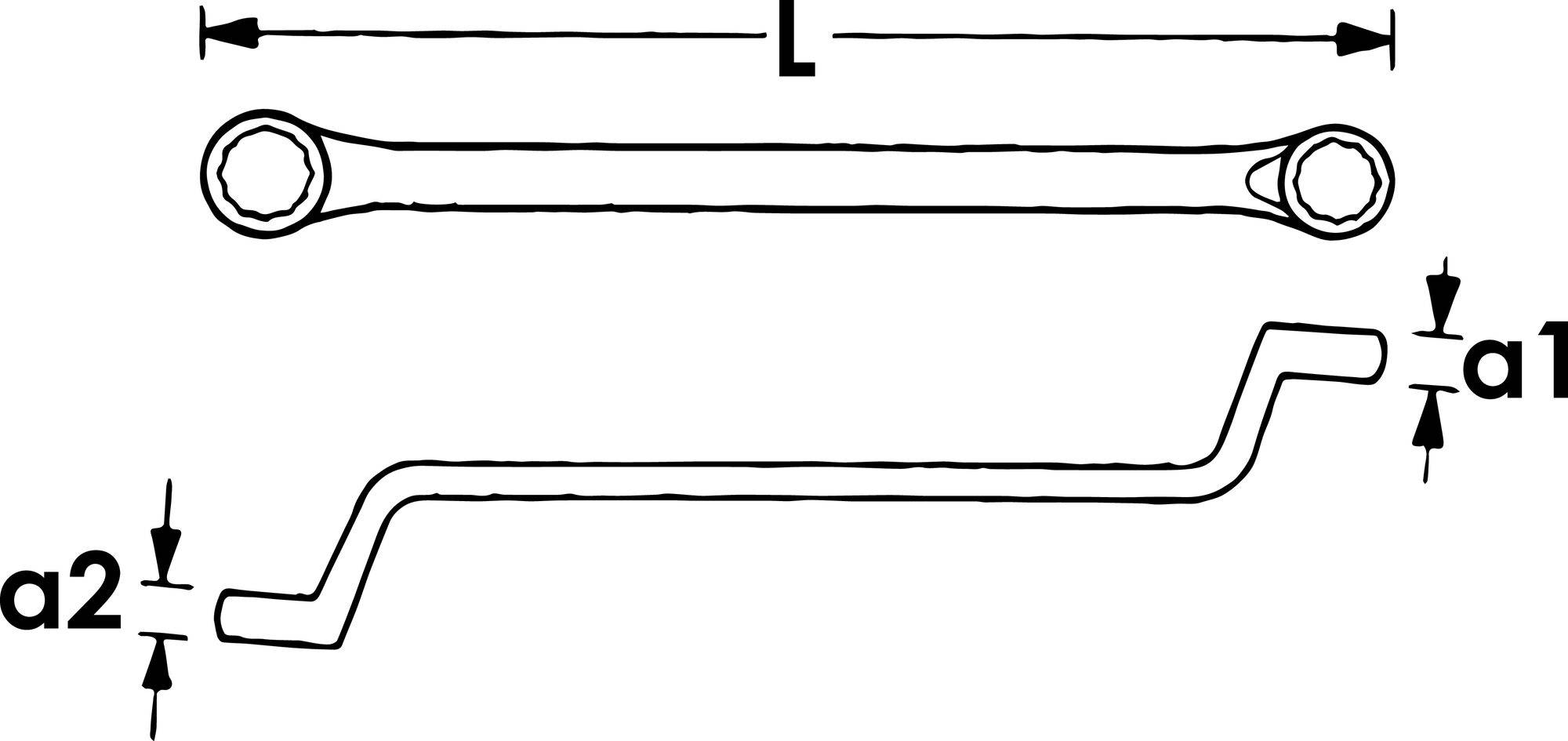 Deux dessins d'une clé à molette : en haut droite avec une longueur L, en bas courbée avec des dimensions a1 et a2.