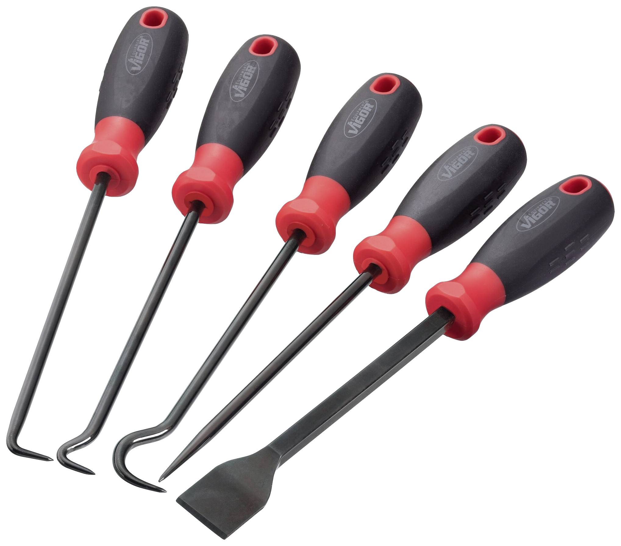 Un ensemble de cinq outils manuels avec des manches rouges et noirs, composé de différents crochets et d'un ciseau plat.