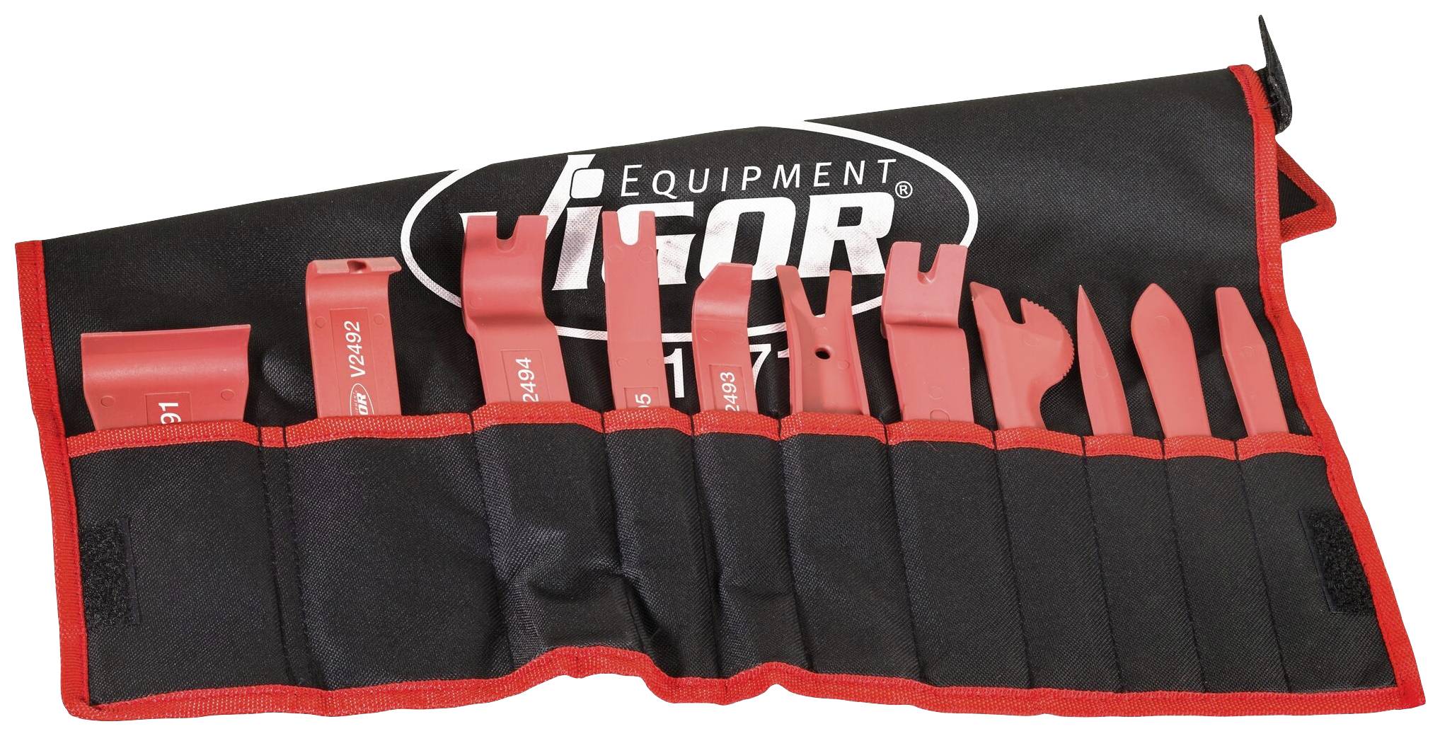 Un ensemble d'outils comprenant plusieurs leviers en plastique rouge dans un étui en tissu noir avec des bordures rouges, posé sur une table.