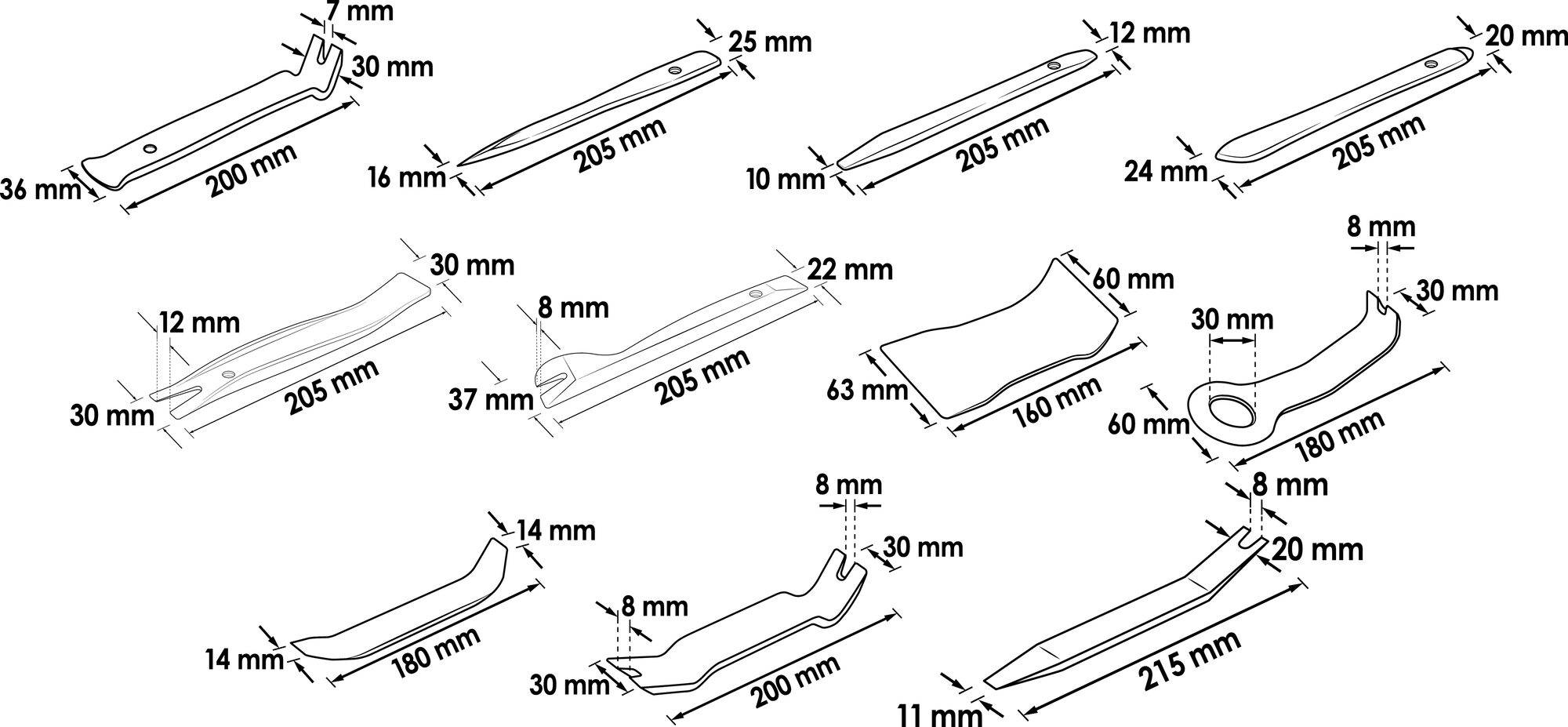 Un dessin technique présente dix différentes pièces métalliques d'instruments avec leurs dimensions et formes, adaptées à la construction mécanique.