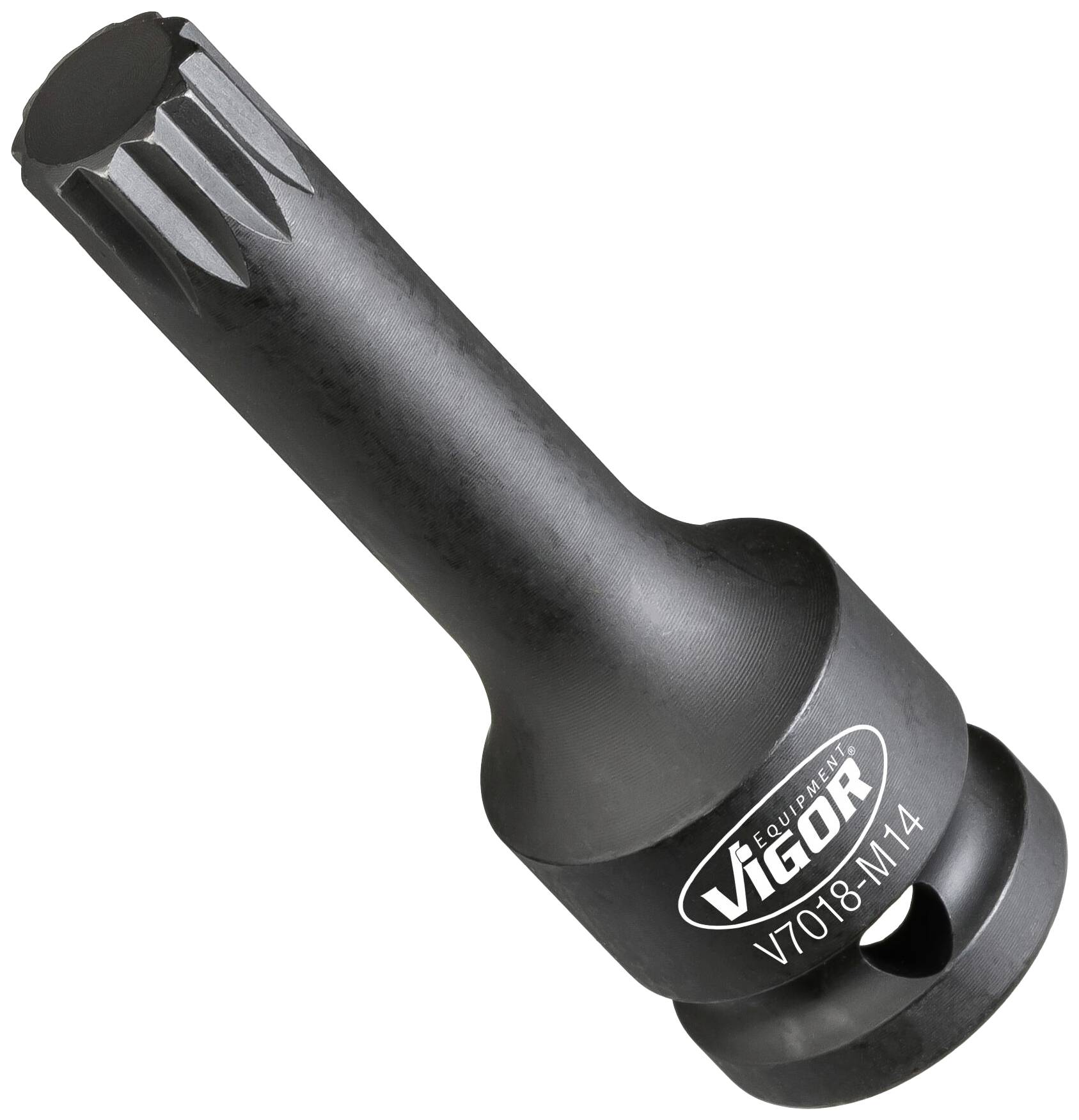 'Embout à cannelures VIGOR V7018-M14, noir, métallique, avec tête cylindrique et tige structurée.'