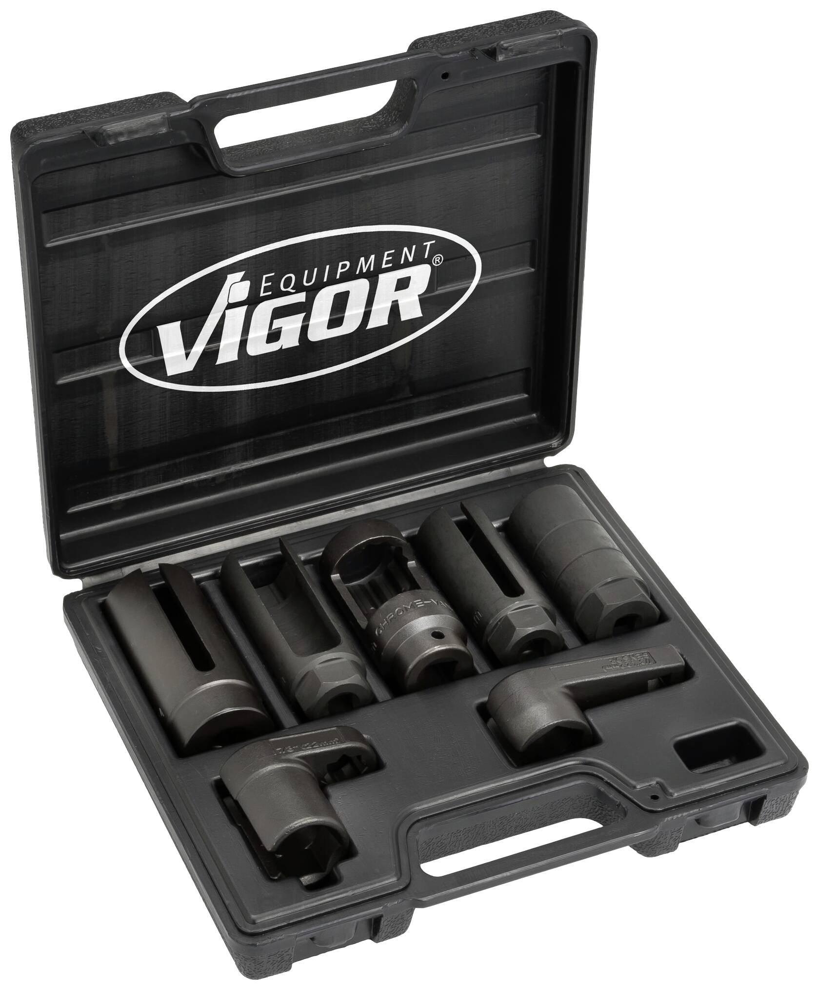 Une boîte à outils ouverte contient plusieurs embouts de clés à douille de différentes tailles et formes, portant le logo 'VIGOR' à l'intérieur.