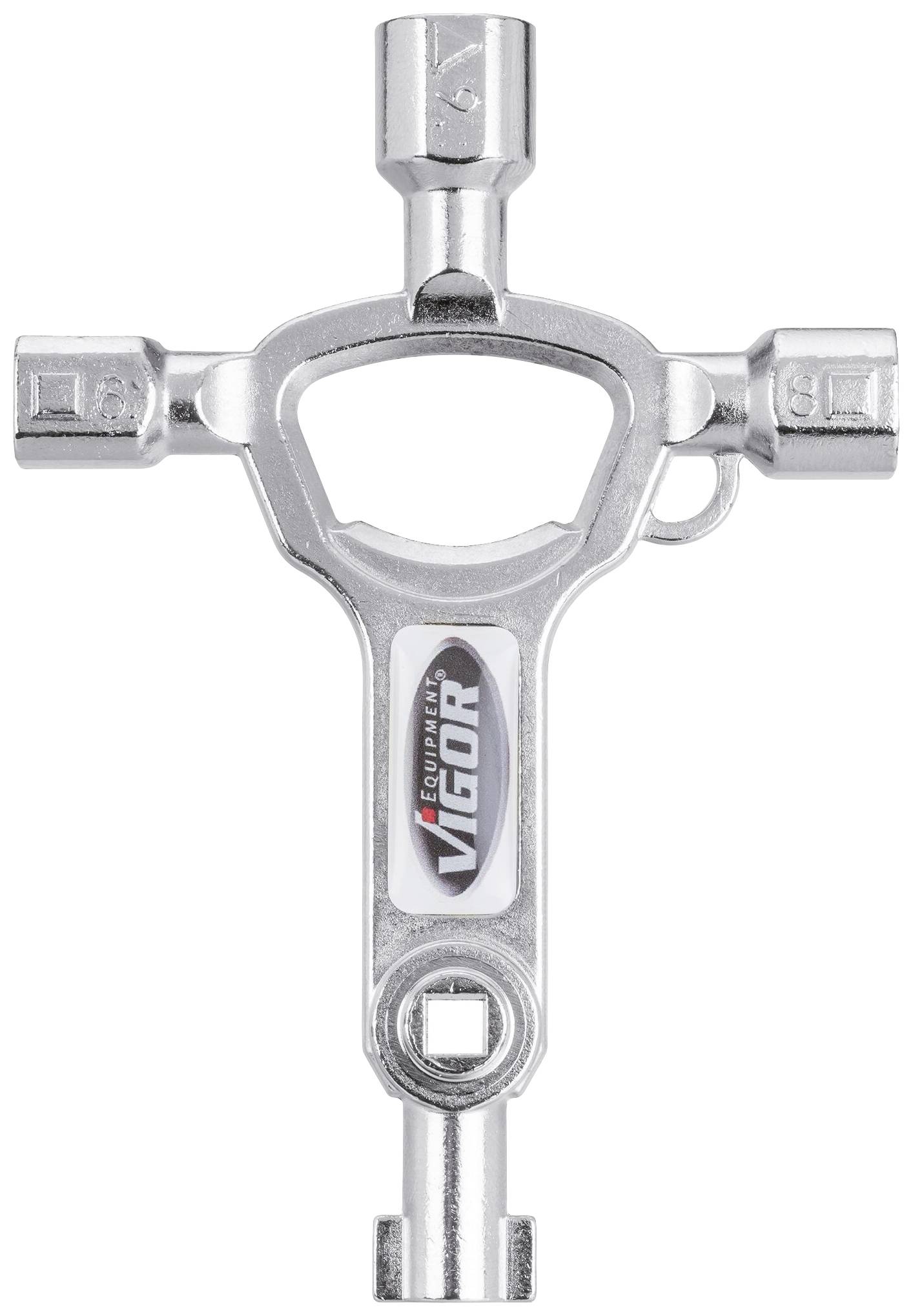 Clé universelle cruciforme avec quatre douilles de tailles différentes, nom de marque 'VIGOR' au centre, de couleur argentée.