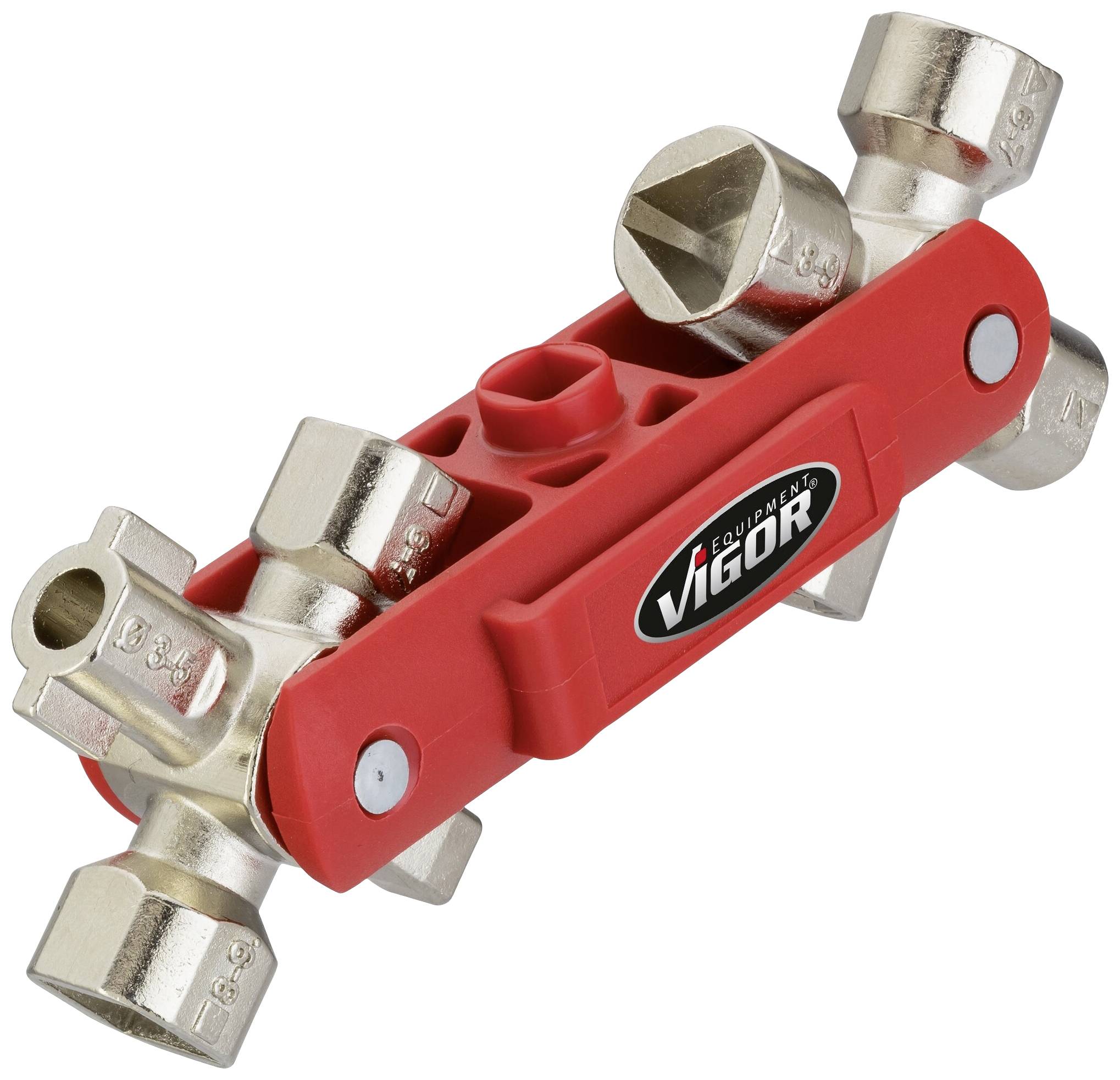 Un outil polyvalent en forme de clé hexagonale rouge, doté de plusieurs douilles fixées sur une poignée centrale.