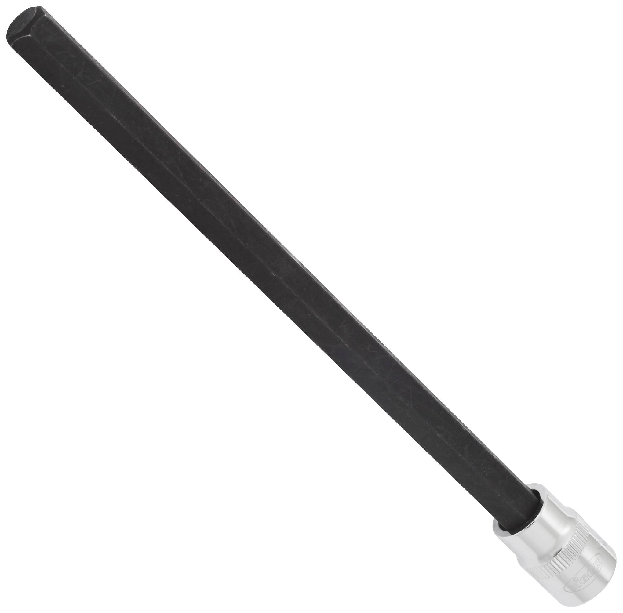 Embout de vissage hexagonal noir à tête métallique argentée, utilisé pour les vis à six pans creux. Adapté aux outils électriques.