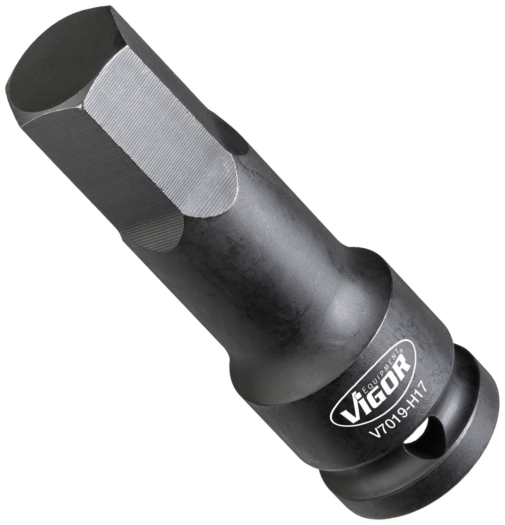 Écrou cylindrique noir avec extrémité hexagonale et inscription 'Vigor V7019-HT17', utilisé pour des connexions de vis spécifiques.
