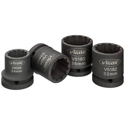 Quatre douilles de clé avec indications de taille : 24 mm, 30 mm, 36 mm et 32 mm. La marque 'VIGOR' est visible sur chaque douille.
