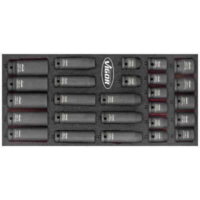Coffret de clés à douille de 22 pièces, de taille 10 à 32 mm, avec insert en mousse. Marque VIGOR visible au centre du boîtier.
