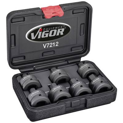 Un coffret à outils noir ouvert portant l'inscription 'VIGOR V7212'. Contient huit douilles dans des supports moulés.