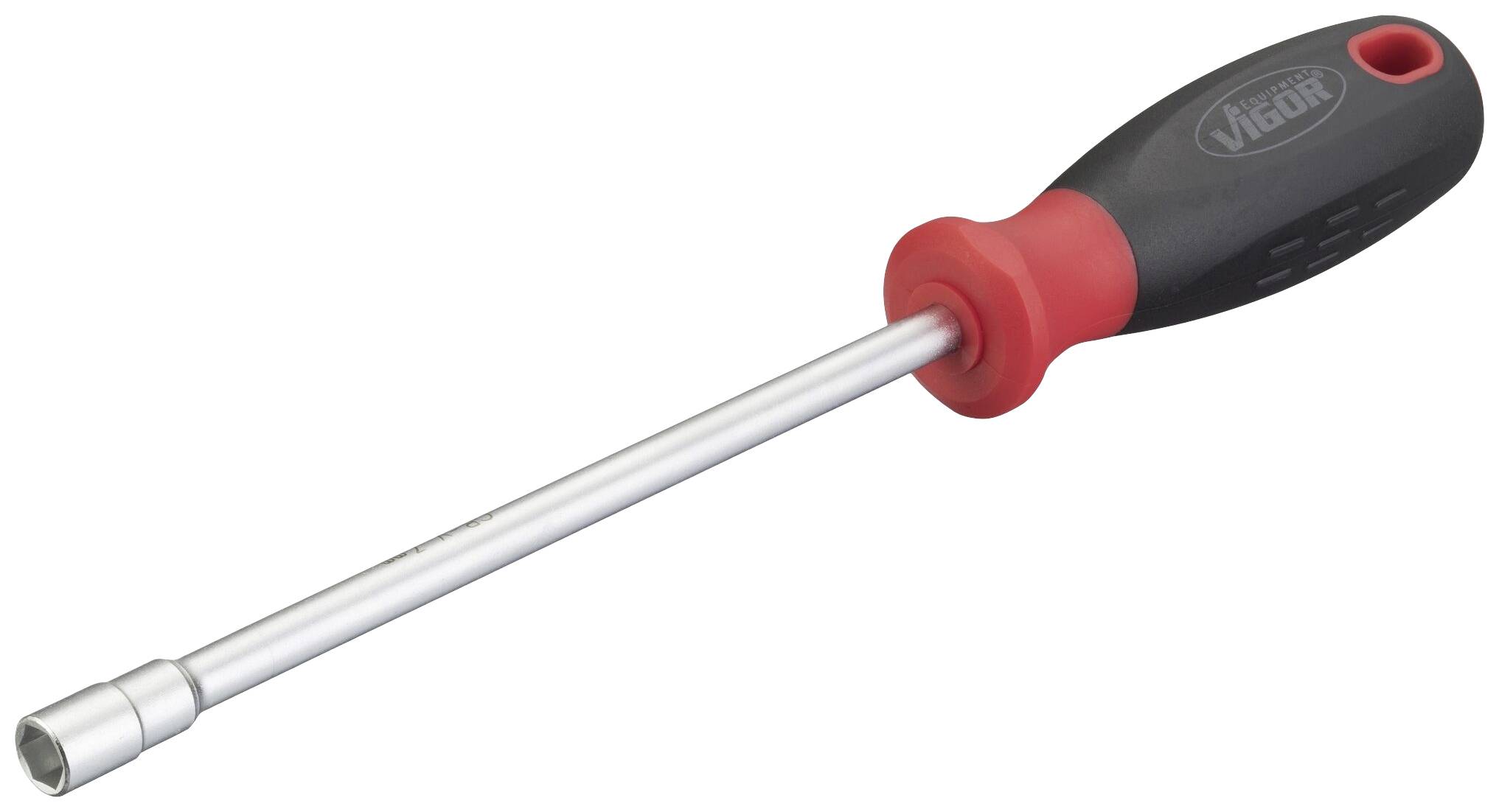 Un tournevis à long manche avec une clé à douille hexagonale, manche noir avec insert rouge. Nom de la marque sur le manche.