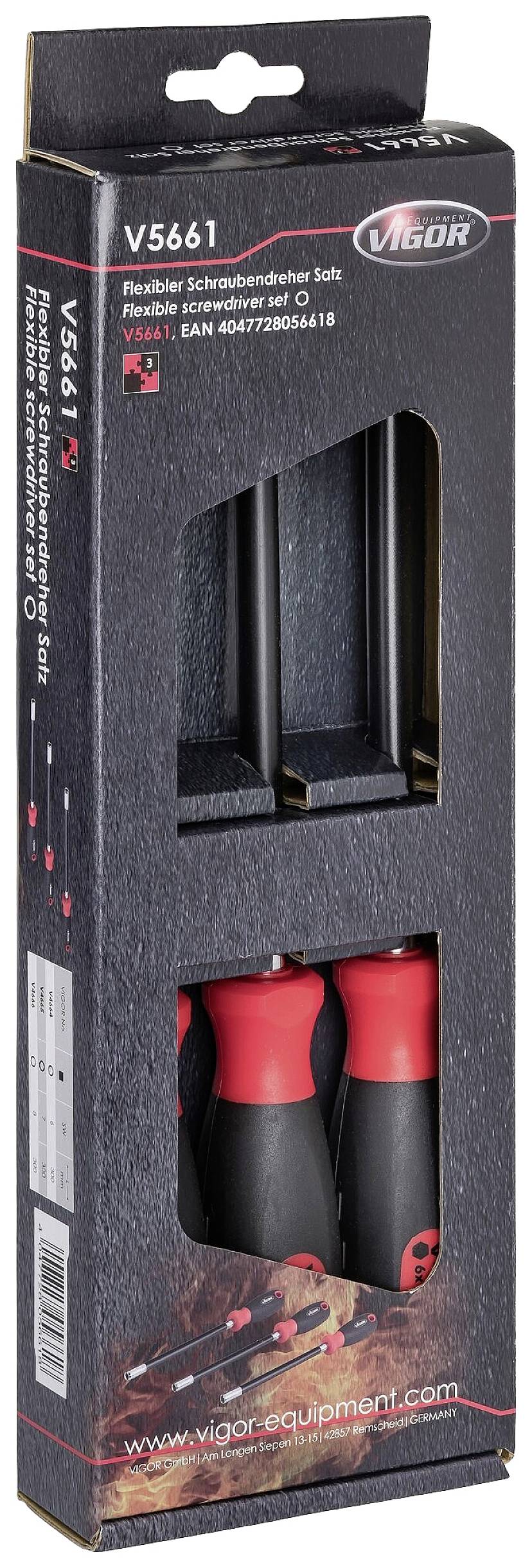 Emballage de deux tournevis flexibles de la marque Vigor, modèle V5661, avec poignée rouge et noire.