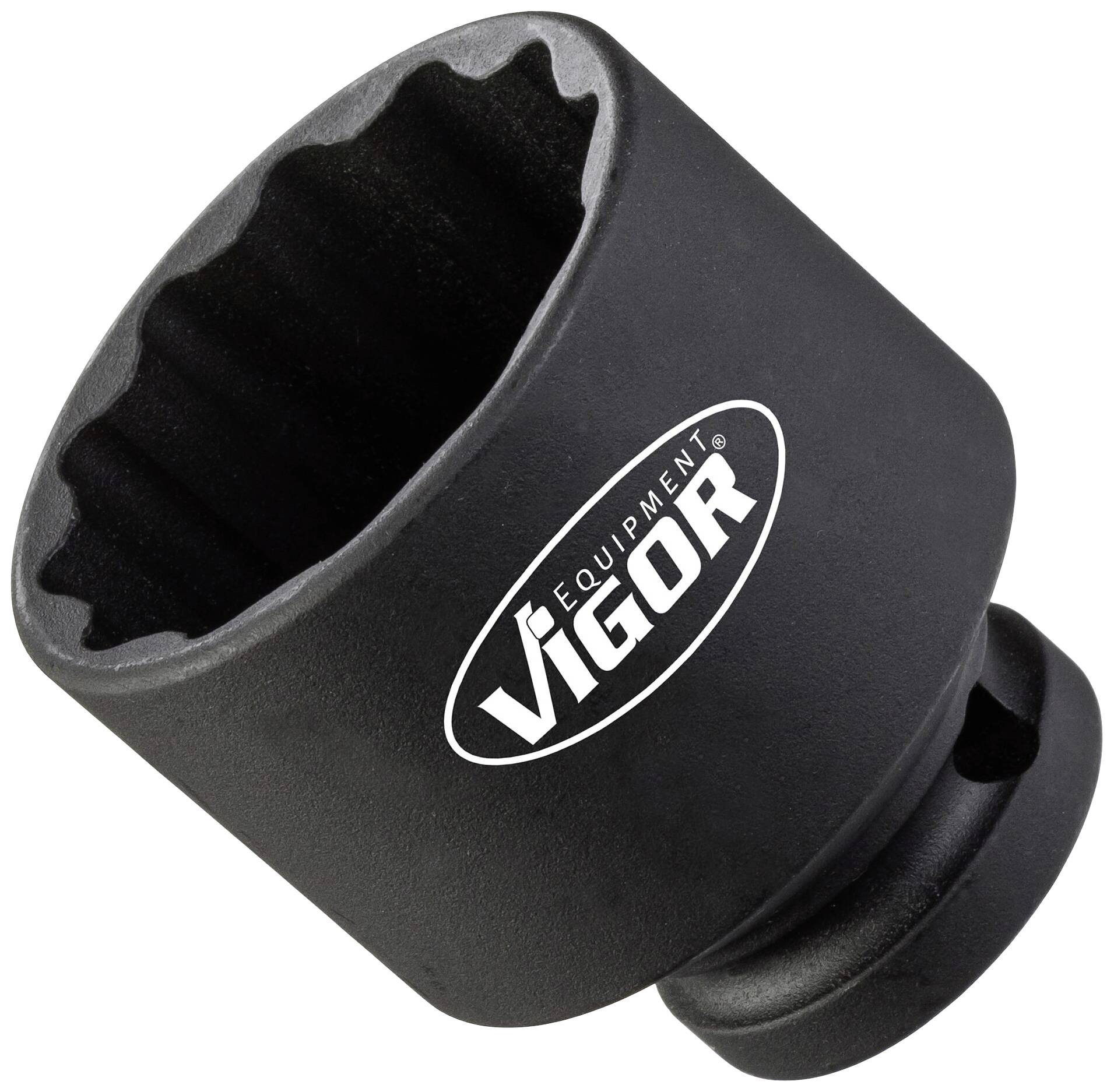 Écrou de fixation portant l'inscription 'Vigor Equipment', adapté aux applications mécaniques. Métal noir avec un motif hexagonal distinctif.